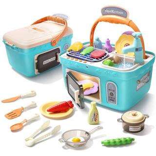 おままごと 収納式 キッチンセット ピクニック UV色変化 室内遊び ブルー(知育玩具)
