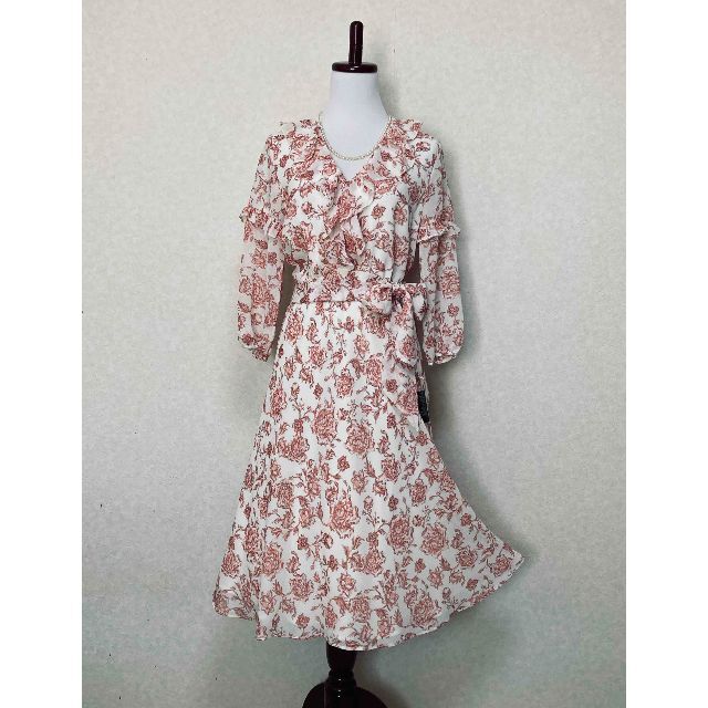 Ralph Lauren - マチルダ　新品【ラルフローレン】フリル襟赤薔薇柄シフォンワンピース 2 M