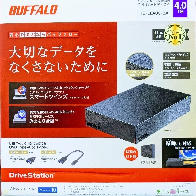 BUFFALO 外付けHDD HD-LE4U3-WA(黒、白)、SSD 2TB無LAN