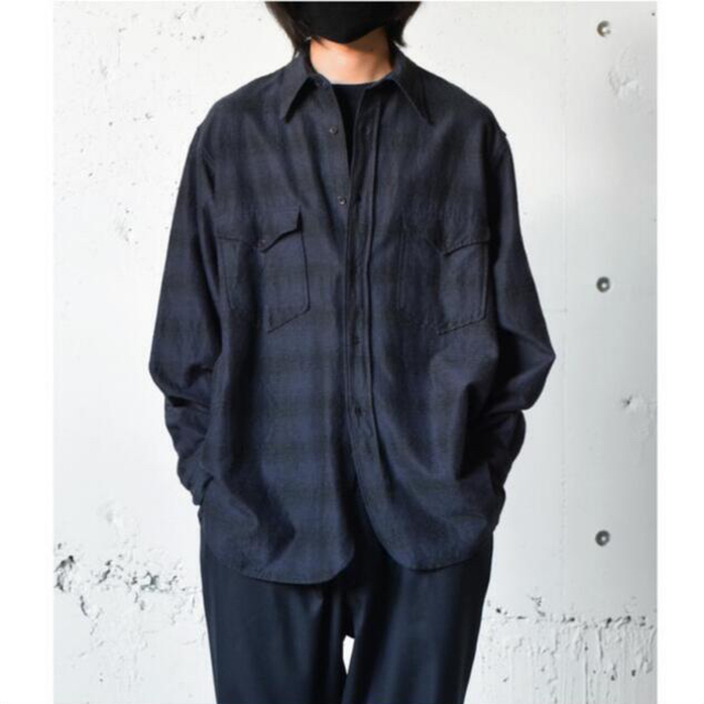 COMOLI 21AW ウールシルクワークシャツ Navy 2