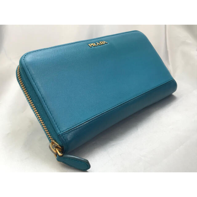 レザー刻印224内側超美品　PRADA プラダ  長財布　ラウンドファスナー　ライトブルー×ネイビー