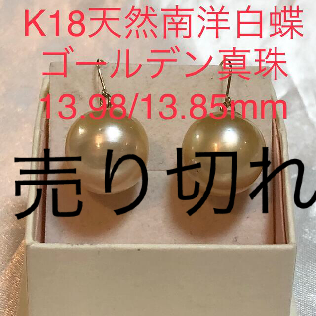 K18天然南洋白蝶ゴールデン真珠ピアス　13mmupピアス