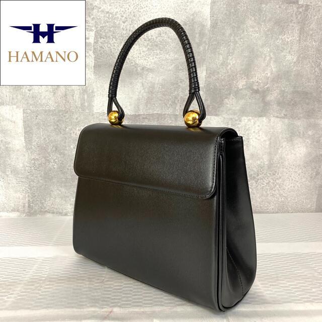 濱野皮革工藝/HAMANO(ハマノヒカクコウゲイ)の【美品】HAMANO 濱野皮革工藝 皇室御用達 フォーマル 黒 ハンドバッグ レディースのバッグ(ハンドバッグ)の商品写真