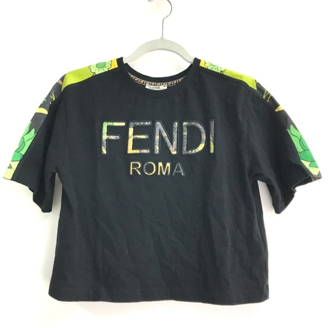 フェンディ FS7300 ロゴ 花柄 丸首 半袖Tシャツ ブラック×グリーン系