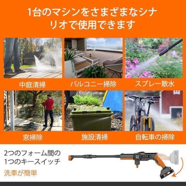 約18分弱運転高圧洗浄機 一式セット 充電式 コードレス （多機能ノズル付）付属品多数