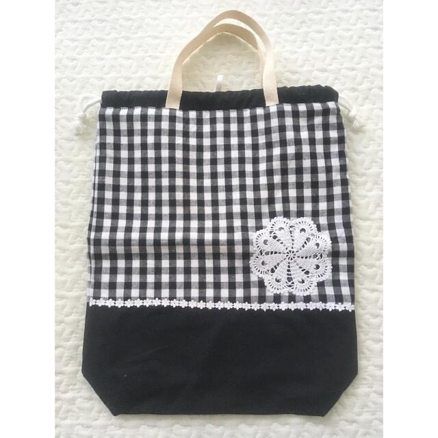 黒チェック巾着袋♪お着替え体操服上履き入れ♪ハンドメイド♪入園入学進学 キッズ/ベビー/マタニティのこども用バッグ(体操着入れ)の商品写真