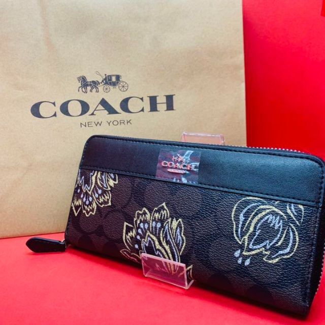 F78075レザー新品 未使用品 COACH コーチ 長財布 花柄 ブラック プレゼント