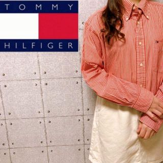 TOMMY HILFIGER 長袖シャツ　赤　レッド　ストライプ　刺繍ロゴ　S(シャツ)