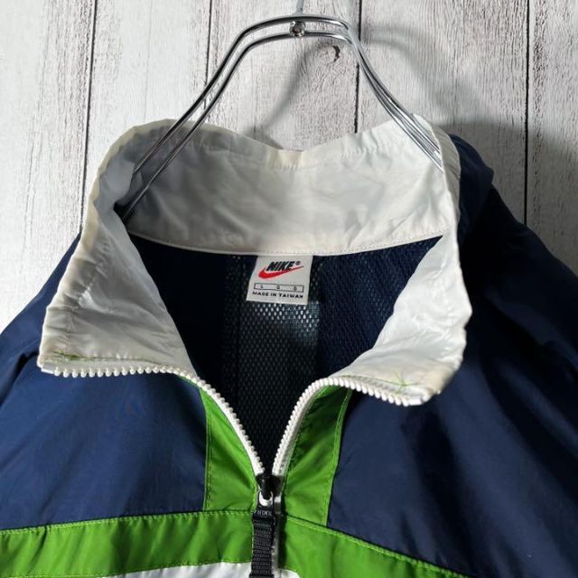 【白タグ L 90s】ナイキ 両面刺繍 ナイロン ハーフジップ ジャケット 紺緑