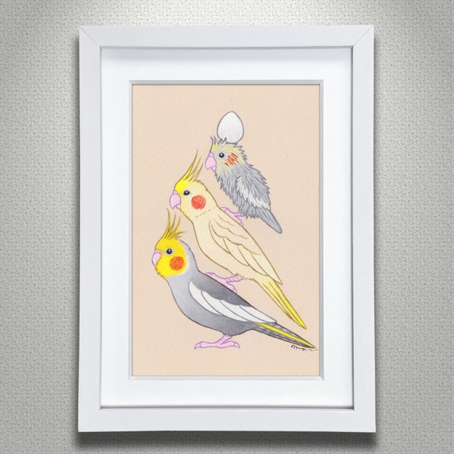 原画「ハチワレ猫と鳥のアート」北欧 イラスト 絵画 絵 インコ 暮らしの道具店