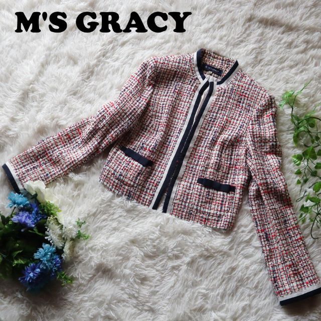 美品 ☆ M'S GRACY ノーカラー ツイード ワンピース 38 (M) 黒