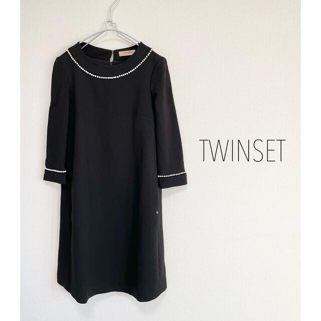 TWIN-SET(ツインセット)のTWINSET パール付きワンピース　7分袖　キレイめワンピース　卒業式　入学式 レディースのワンピース(ひざ丈ワンピース)の商品写真