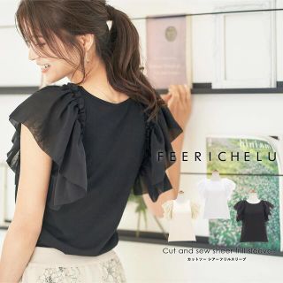 FEERICHELU フェリーシェル　カットソー　シアーフリルスリーブ　ブラック(カットソー(半袖/袖なし))