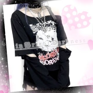 ★変形Tシャツ★リストバンドつき 2Wayスリーブ アシメ 肩出し ブラック(Tシャツ(長袖/七分))