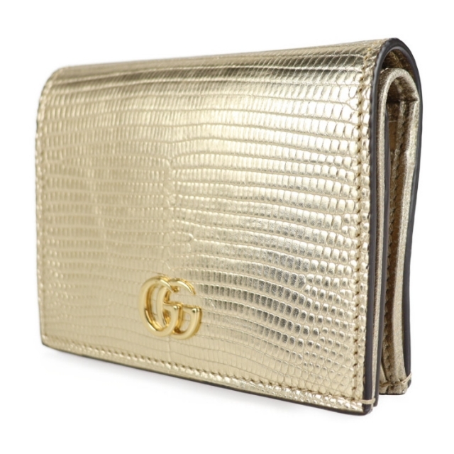 GUCCI グッチ GGマーモント 二つ折り財布 456126 リザード ゴールド コンパクトウォレット ロゴ ゴールド金具 【本物保証】