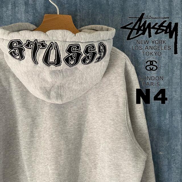 STUSSY】古着 プルオーバーパーカー フード刺繍ロゴ 希少デザイン-