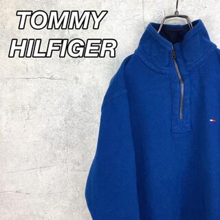 トミーヒルフィガー(TOMMY HILFIGER)の希少 90s トミーヒルフィガー ハーフジップニット 刺繍ロゴ ブルー(ニット/セーター)