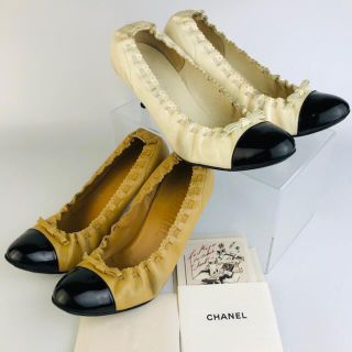 シャネル(CHANEL)のCHANEL★ココマークリボン付バイカラーギャザーバレエパンプス2点セット(36(ハイヒール/パンプス)