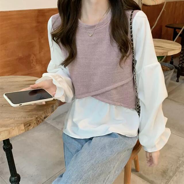 ZARA(ザラ)の【SALE】フリルブラウス　ニットベスト　韓国ファッション　インポート　デート服 レディースのトップス(シャツ/ブラウス(長袖/七分))の商品写真