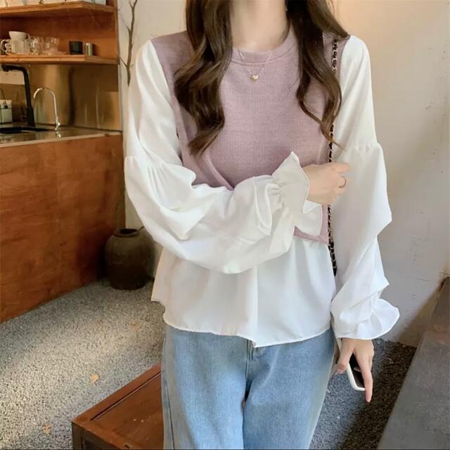 ZARA(ザラ)の【SALE】フリルブラウス　ニットベスト　韓国ファッション　インポート　デート服 レディースのトップス(シャツ/ブラウス(長袖/七分))の商品写真