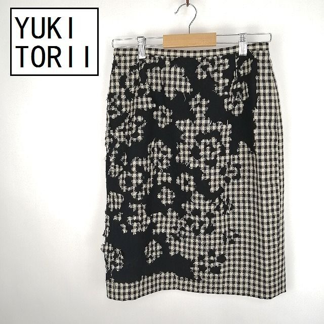 ユキトリイYUKI TORIIスカート デザイン チェック 総柄花柄 黒白L