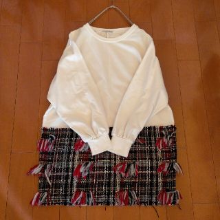 ザラ(ZARA)のZARA スウェット フリンジツイード切り替えプルオーバーチュニックワンピース(ひざ丈ワンピース)