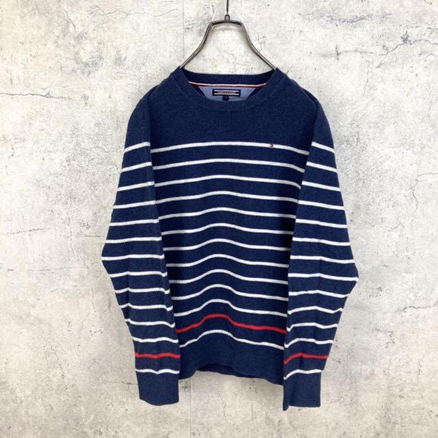 TOMMY HILFIGER(トミーヒルフィガー)の希少 90s トミーヒルフィガー コットンニット 刺繍ロゴ ボーダー 美品 キッズ/ベビー/マタニティのキッズ服男の子用(90cm~)(ニット)の商品写真