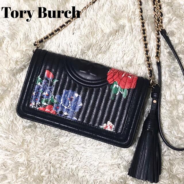 バッグ美品✨ Tory Burch レザー ショルダーバッグ 花柄 タッセル　濃紺