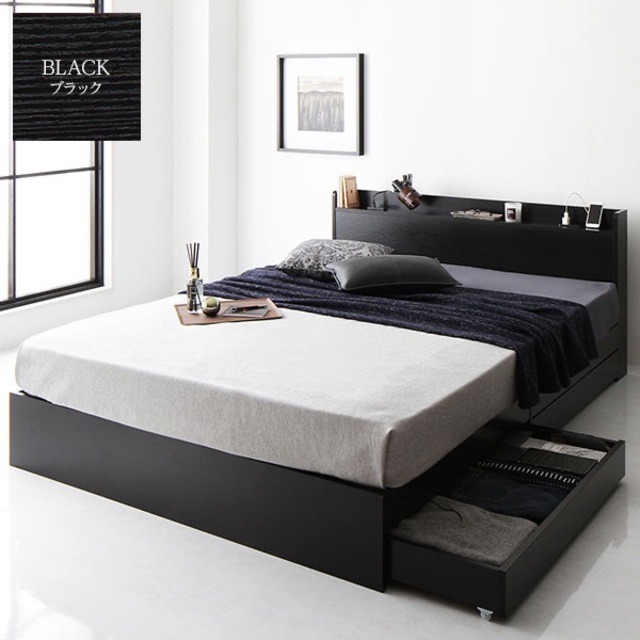ブラック セミダブルサイズ ポケットコイルマットレス付きベッド セミダブルベッド