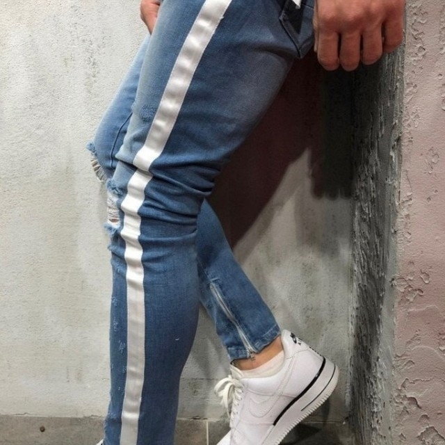 ラインパンツ ネイビーブルー 2XL 青 紺 ダメージ デニム ジーンズ メンズのパンツ(デニム/ジーンズ)の商品写真