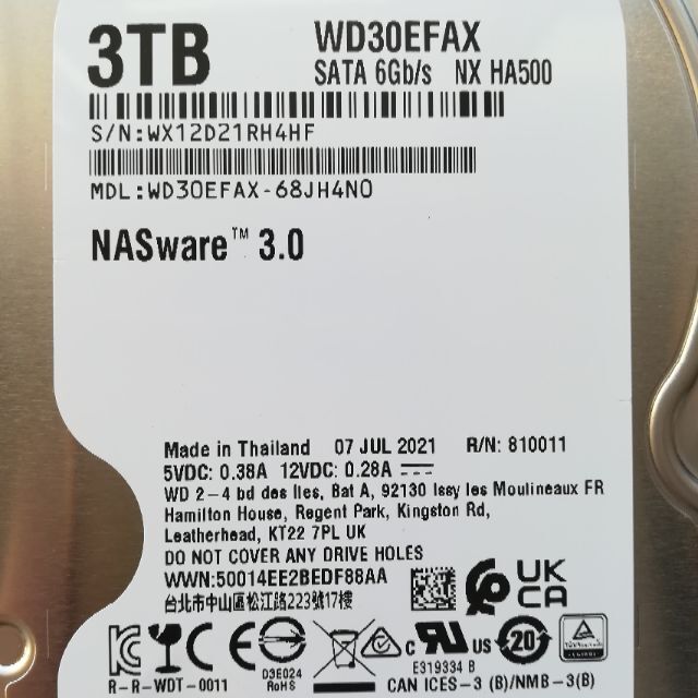 ウエスタンデジタルRED NAS用内臓ハードディスク3TB 使用時間 113時間 2