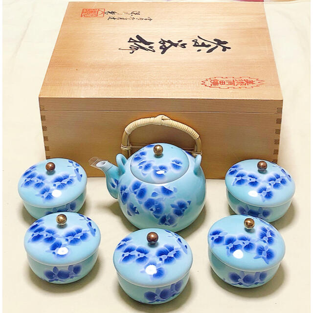 深川製磁 瑠璃色薔薇 茶器揃 急須1 木箱入り 蓋付湯呑5 6月末まで最終セール鉄瓶 急須 八角形