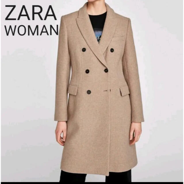 ZARA(ザラ)の美品❗ZARA WOMAN ザラ　チェスターコート　ロング　ベージュ　ダブル　Ｌ レディースのジャケット/アウター(チェスターコート)の商品写真