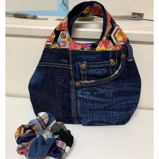 ハンドメイド＊訳あり＊USEDデニム×和柄ミニバッグとシュシュ(バッグ)