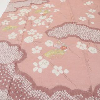 訪問着＊豪華 袷着物 綸子 絞り 刺繍花模様 ピンク 略礼装 正絹 1HM56