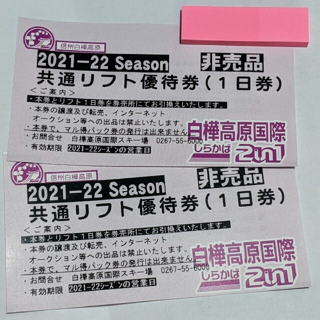 白樺高原国際 しらかば2in1 リフト券 2枚 2021-2022