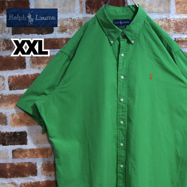 《ラルフローレン》XXLオーバーサイズ　グリーン　刺繍ロゴ　半袖BDシャツスアの古着屋