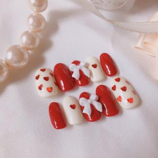 ●即購入禁止●ネイルチップ 韓国 フレンチガーリー ハート リボン 白nail ハンドメイドのアクセサリー(ネイルチップ)の商品写真