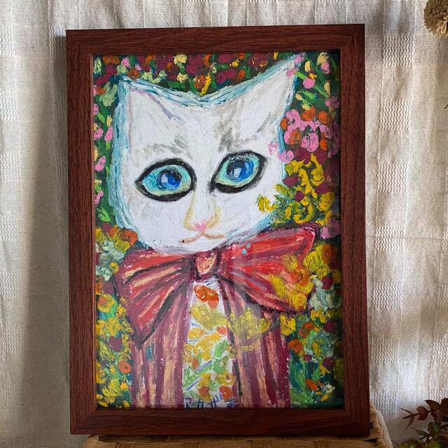 絵画。壁掛け絵原画手描き【百花が咲いて、気持ちが美しい猫！】 | フリマアプリ ラクマ