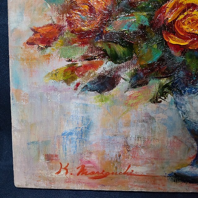 ⑤絵画 油彩 油絵 静物画 タイトル「薔薇」 花瓶 作者不明 額縁付き