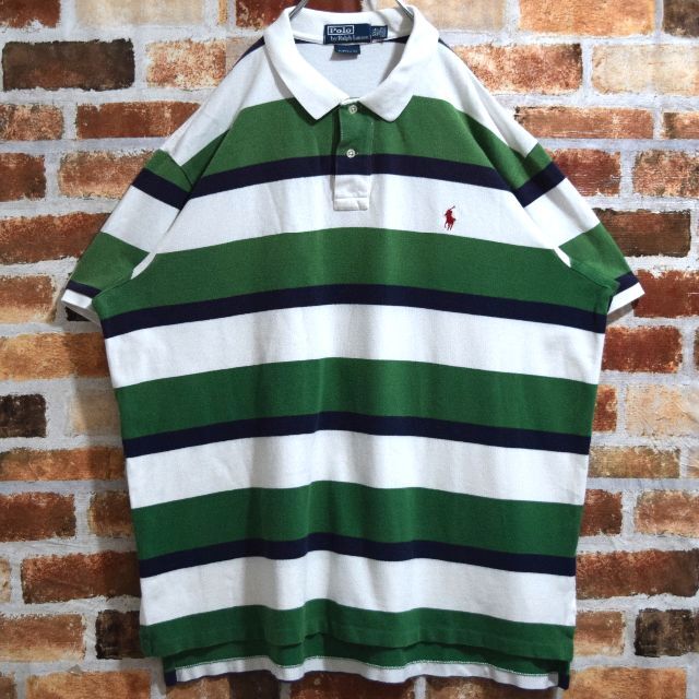 POLO RALPH LAUREN(ポロラルフローレン)の《ポロラルフローレン》XXL　グリーン系ボーダー　刺繍ロゴ　半袖ポロシャツ メンズのトップス(ポロシャツ)の商品写真