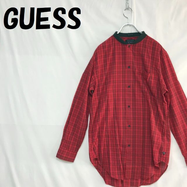 GUESS(ゲス)の【人気】ゲス チェック 長袖シャツ ノーカラーシャツ レッド サイズS メンズのトップス(シャツ)の商品写真