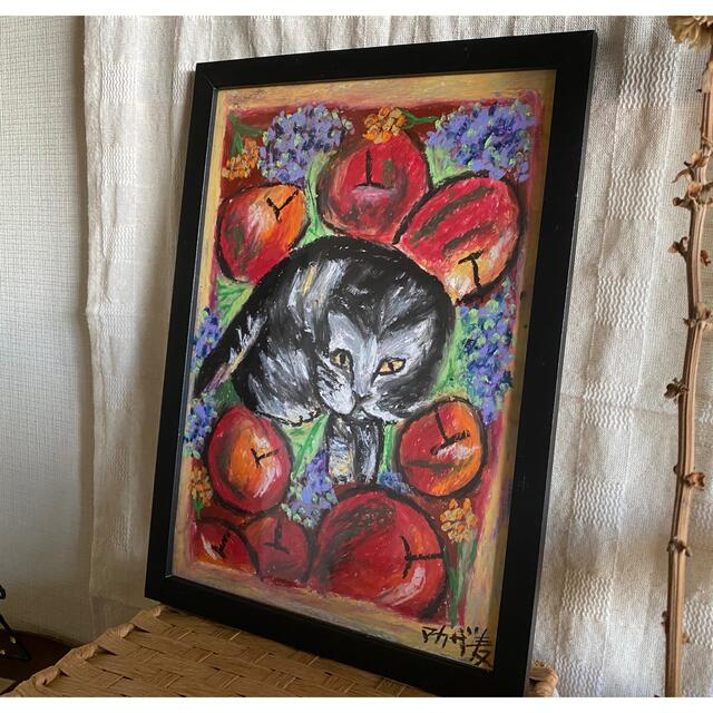絵画。壁掛け絵原画手描き【赤リンゴアジサイと斑紋猫】