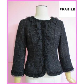 フラジール(FRAGILE)の【フラジール】フリルコットンツイードノーカラージャケット☆黒にラメ(ノーカラージャケット)