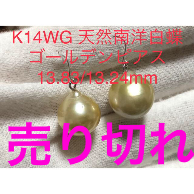 K14WG 天然南洋白蝶ゴールデン真珠　ピアス　13.83/13.24mmレディース