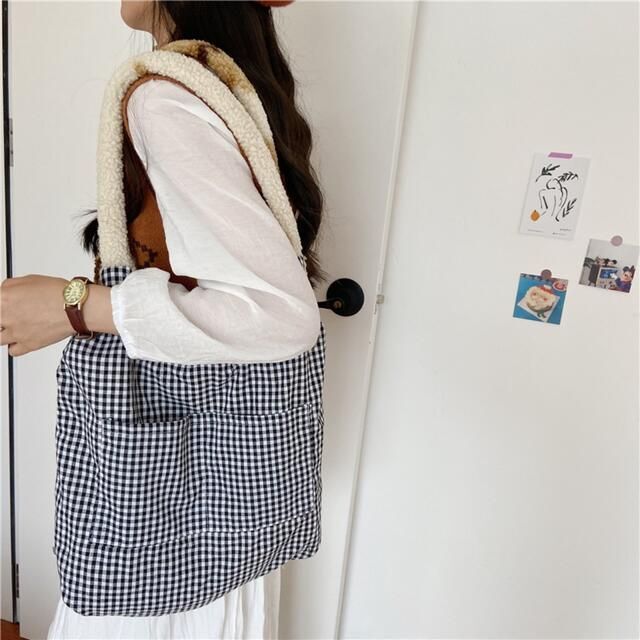 クマ トートバッグ くまちゃん もこもこ ベア チェック柄 ベア