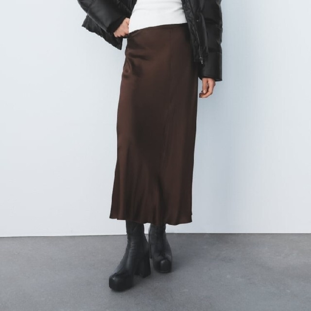 ZARA - ZARA サテン風ミディ丈スカート ブラウン ロングスカート ZARA - ZARA サテン風ミディ丈スカート ブラウン ロングスカート