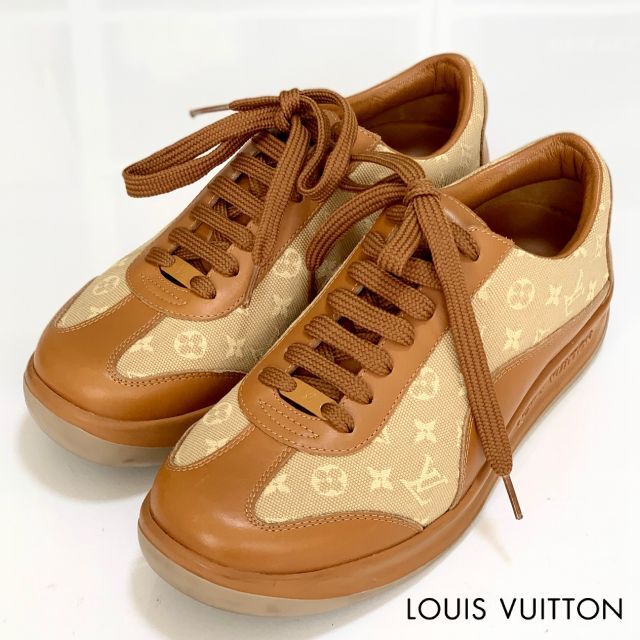 ルイヴィトン LOUIS VUITTON スニーカー モノグラム ロゴ刺繍 キャンバス レザー シューズ 靴 レディース イタリア製 36 1/2(23.5cm相当) ブラウン