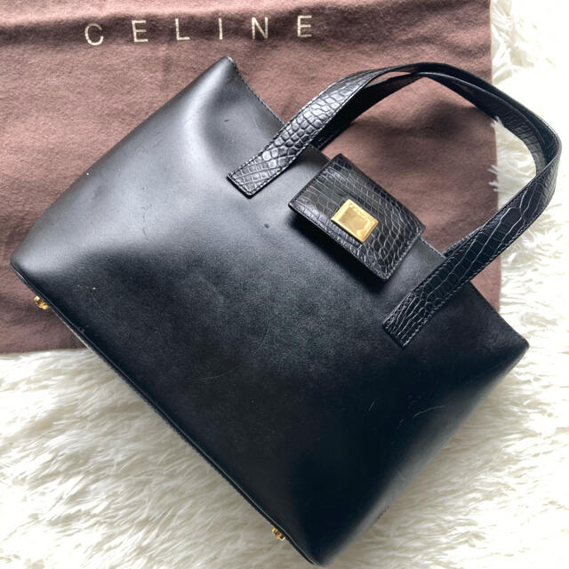 celine(セリーヌ)のセリーヌ　トートバッグ　ハンドバッグ　ゴールド金具　クロコ型押し　ブラック レディースのバッグ(トートバッグ)の商品写真