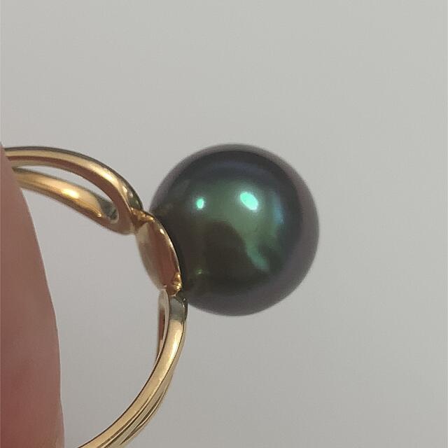 K18高級タヒチ黒蝶真珠リング　指輪　絶品カラー　グリーンブラック　天然色 5